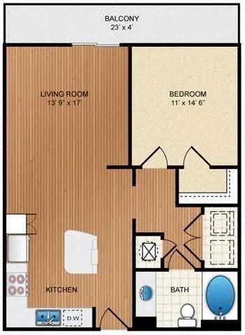 Floor plan for 1 bed, 1 bath, 705 sqft